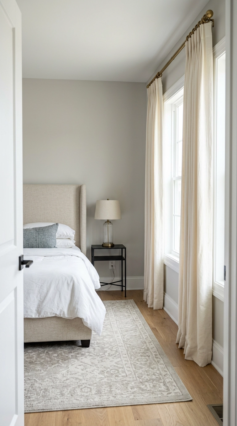Ivory pinch-pleat bedroom curtains hanging from brass rings on a brass rod