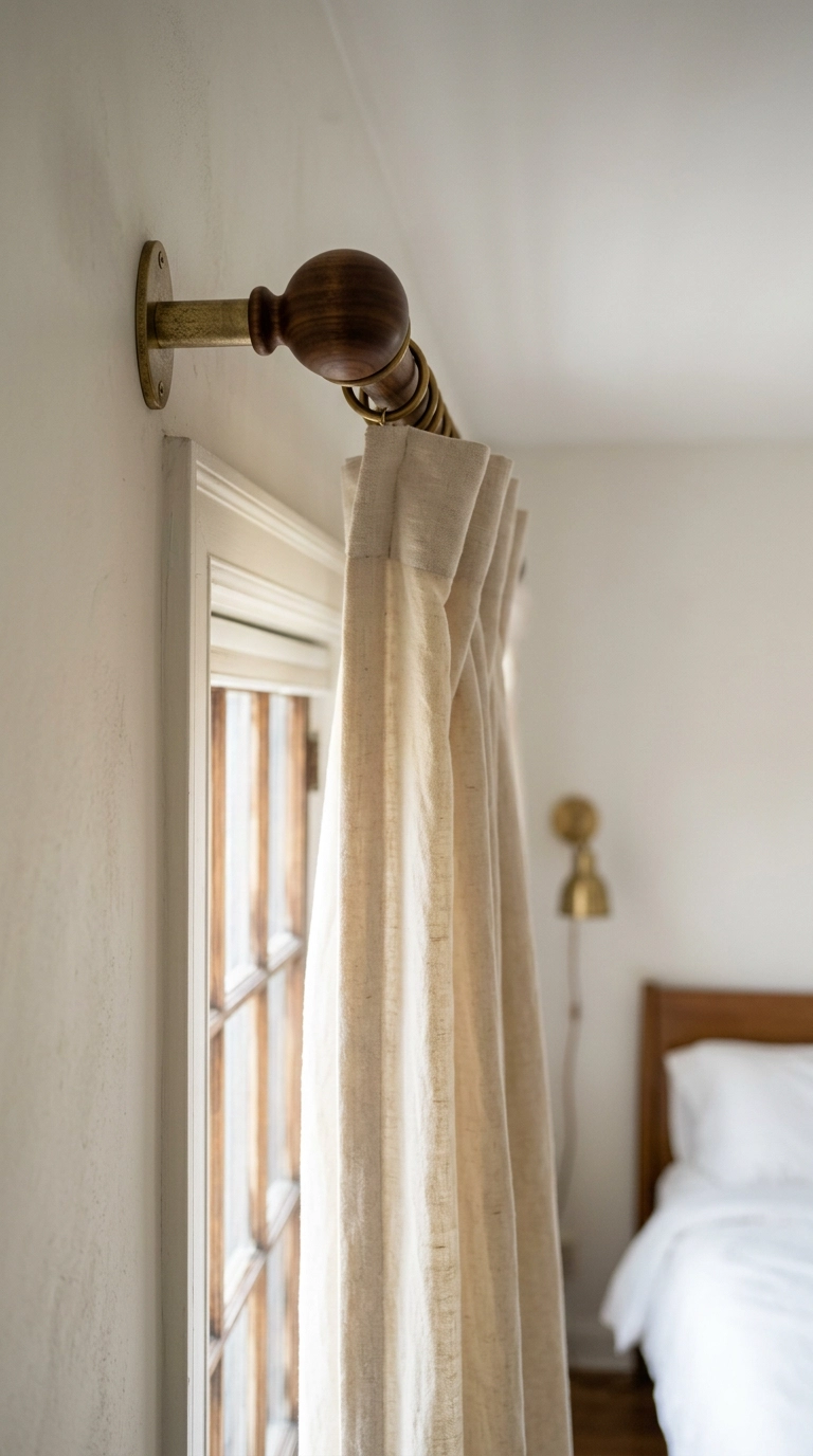 Close-up of a walnut curtain rod and rounded finial with a brass bracket and linen panel