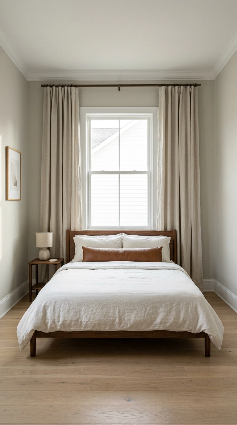 Oatmeal linen bedroom curtains hung near the ceiling and extending wide past the window frame