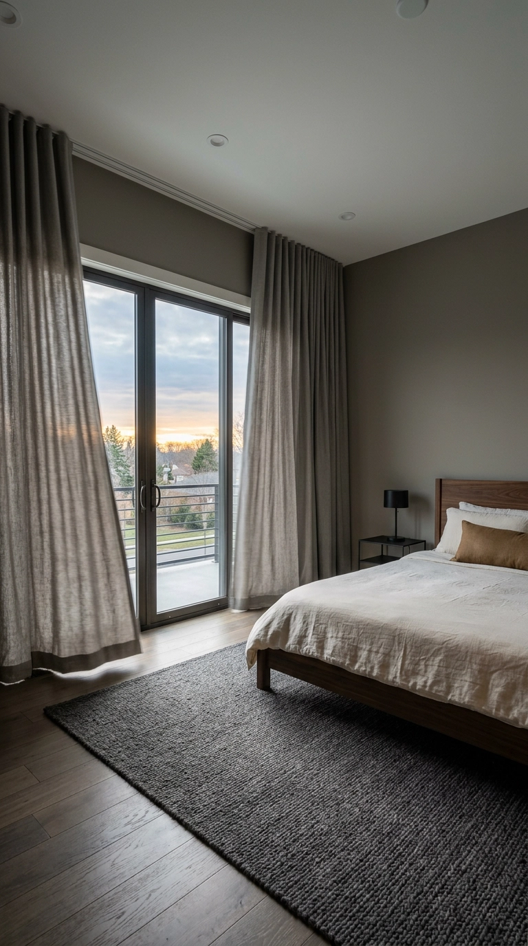 Motorized stone-grey bedroom curtains opening at sunrise over a sliding glass door