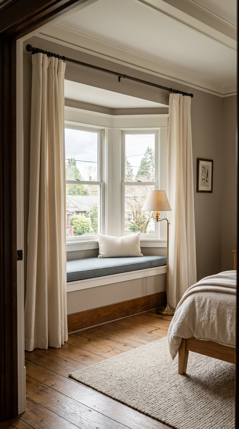 Ivory curtain panels framing a bedroom bay window seat with a blue-grey cushion