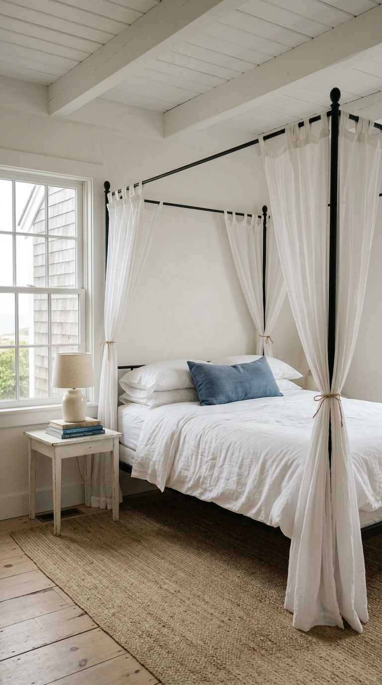 Four-poster bed with white cotton gauze curtains tied to each post in a coastal bedroom