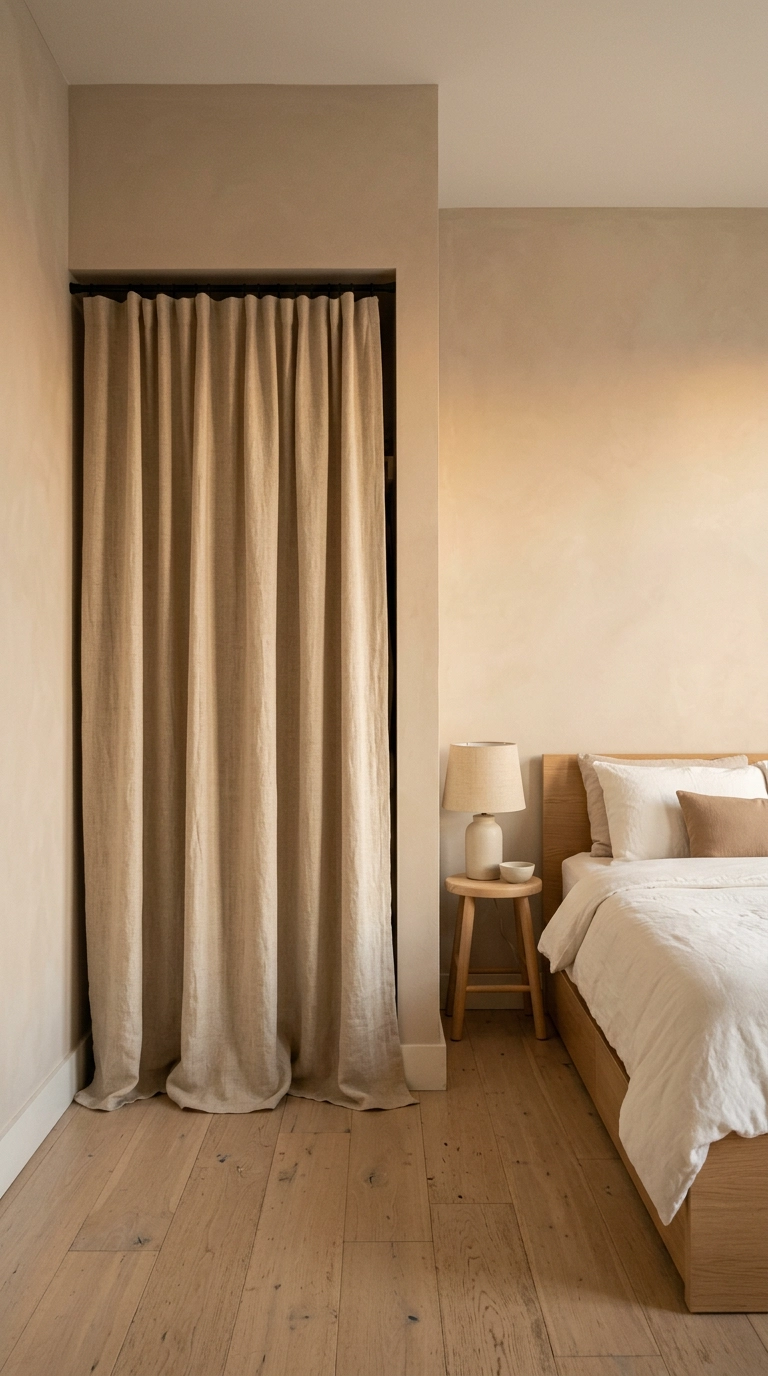 Natural hemp curtain hung across a bedroom closet opening in place of a door