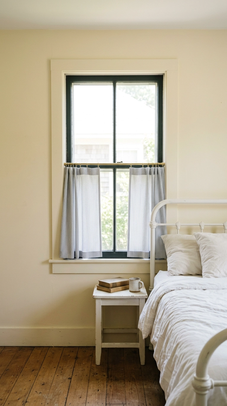 Striped cafe curtains covering the bottom half of a bedroom window with bare glass above