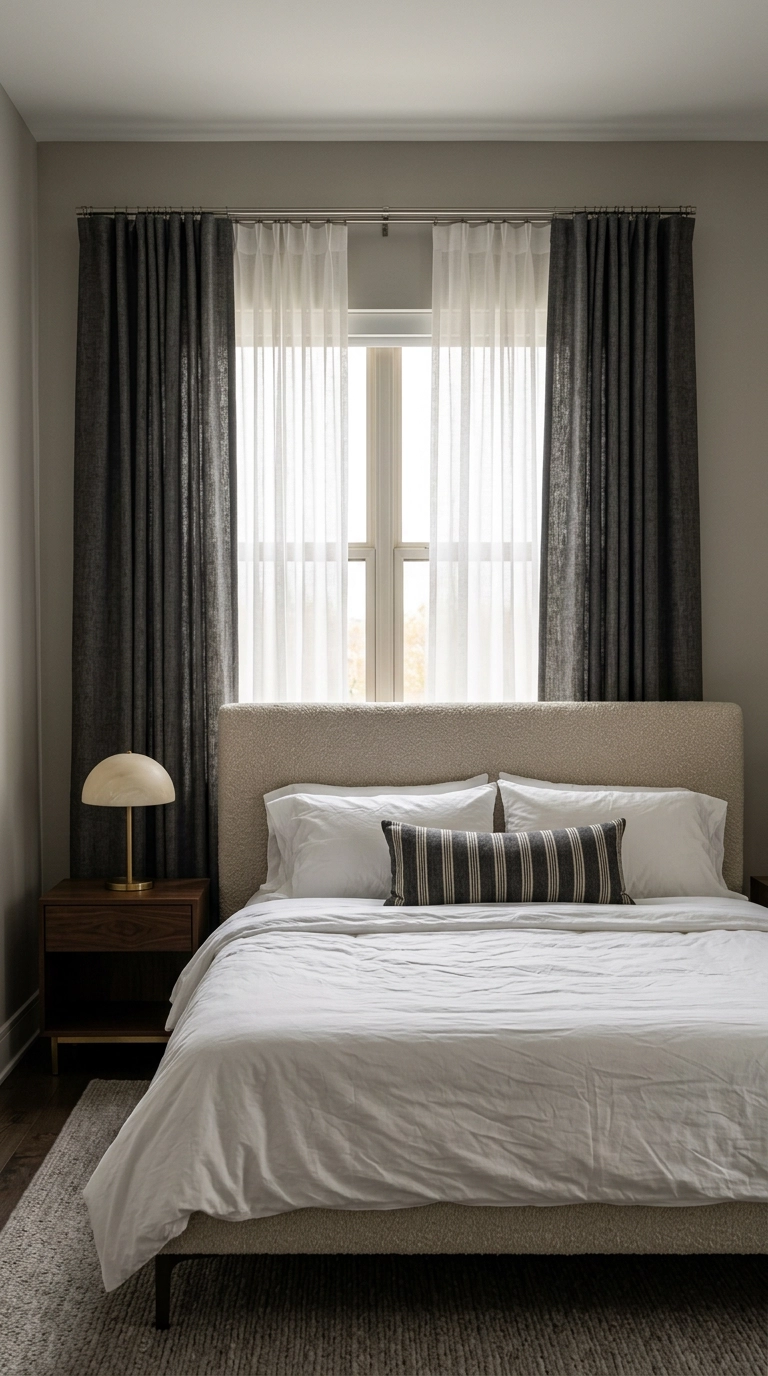 Bedroom window with sheer curtains layered behind charcoal blackout panels on a double rod