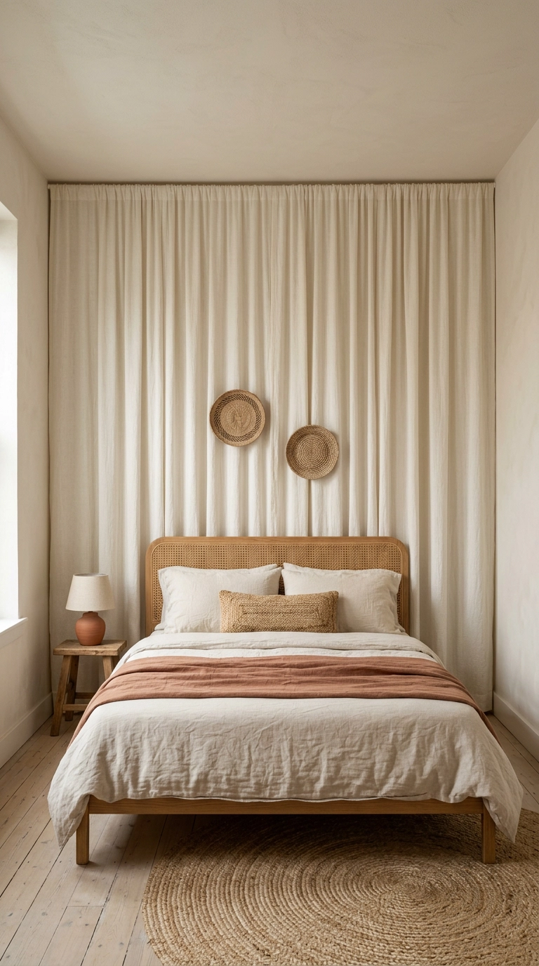 Ivory curtain panels hung floor to ceiling behind a low bed as a fabric headboard wall