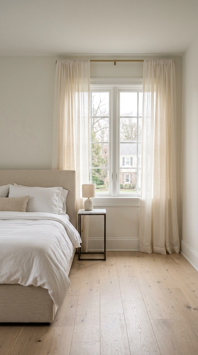 Unlined white sheer curtain panels glowing with soft daylight in a north-facing bedroom