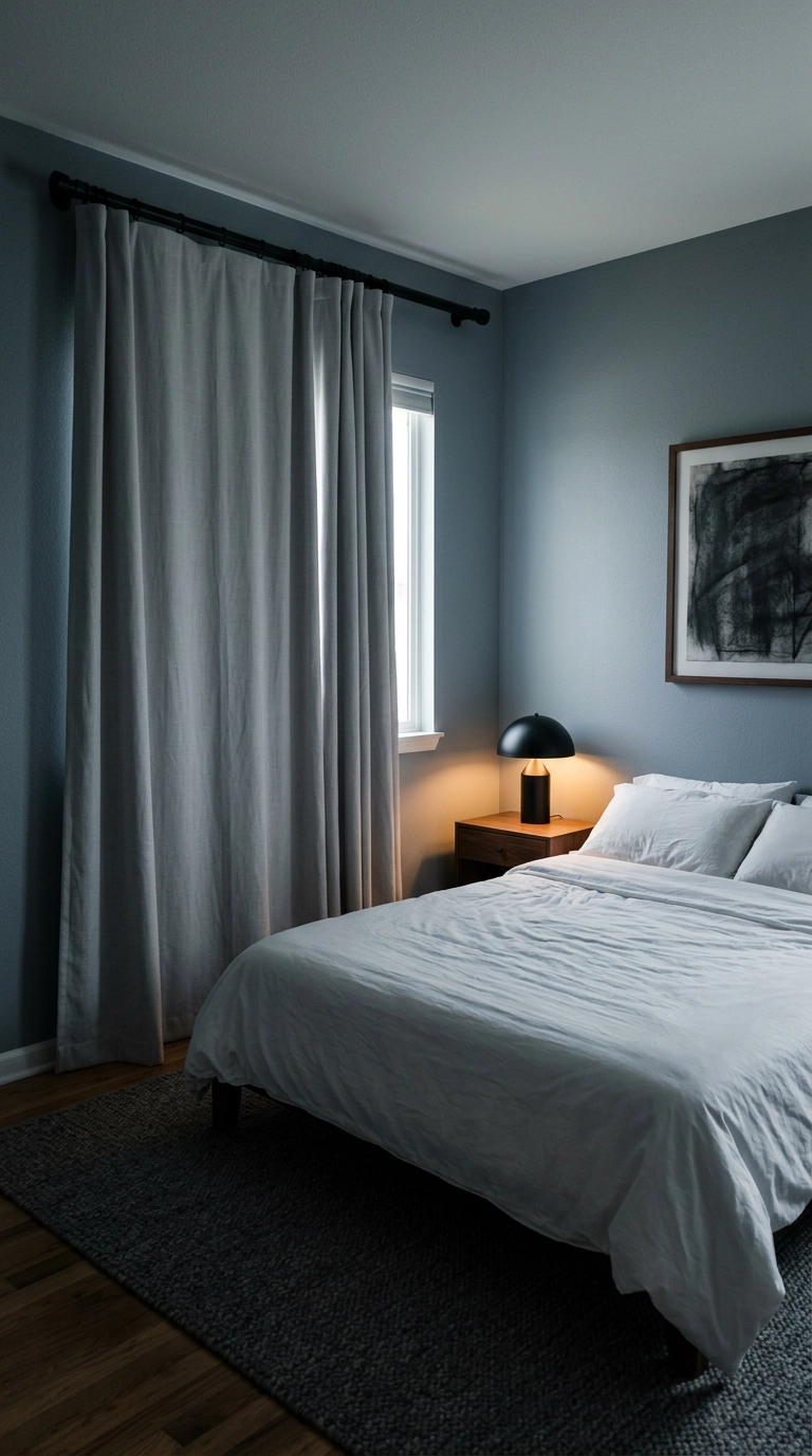 Dove grey blackout bedroom curtains drawn nearly closed with a thin edge of daylight