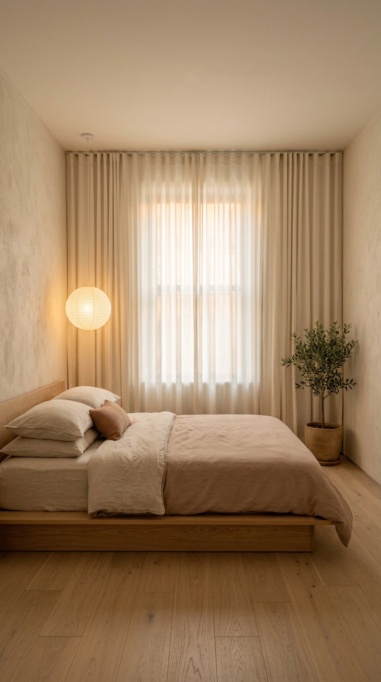 Ceiling-mounted curtain track with ivory panels covering an entire bedroom wall