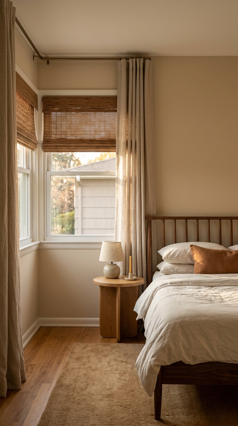 Woven wood roman shade layered under flax linen bedroom curtain panels