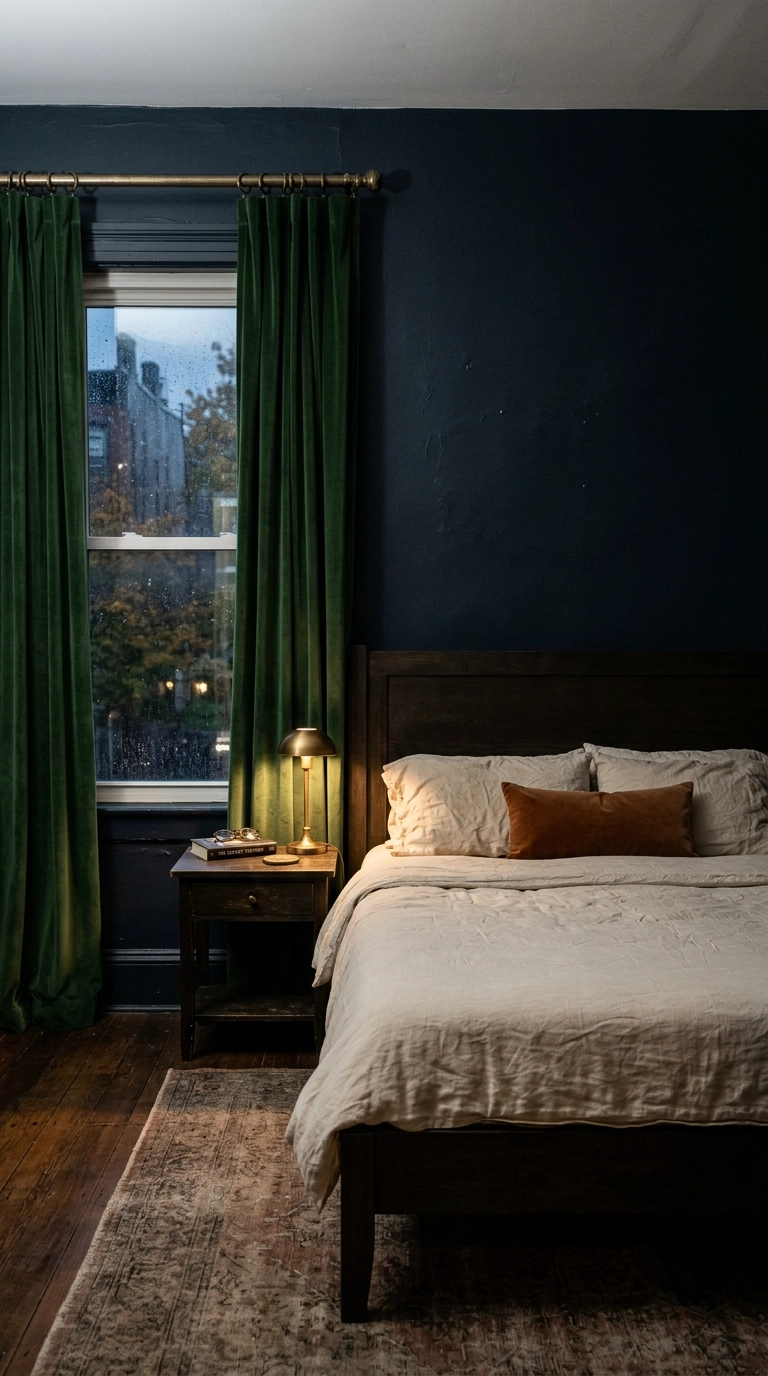 Forest green velvet bedroom curtains on brass rings in a moody dark-walled bedroom
