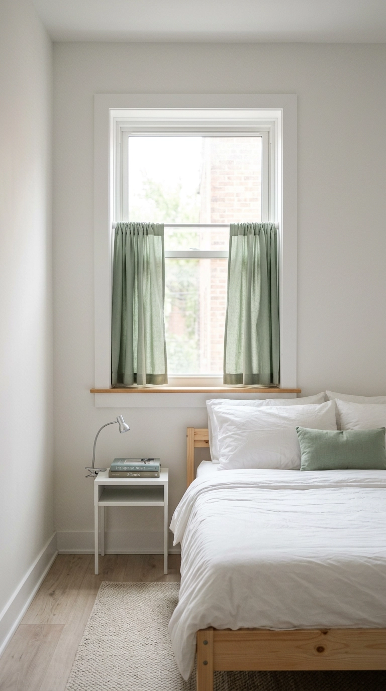 Sage green rental bedroom curtains on a tension rod mounted inside the window frame