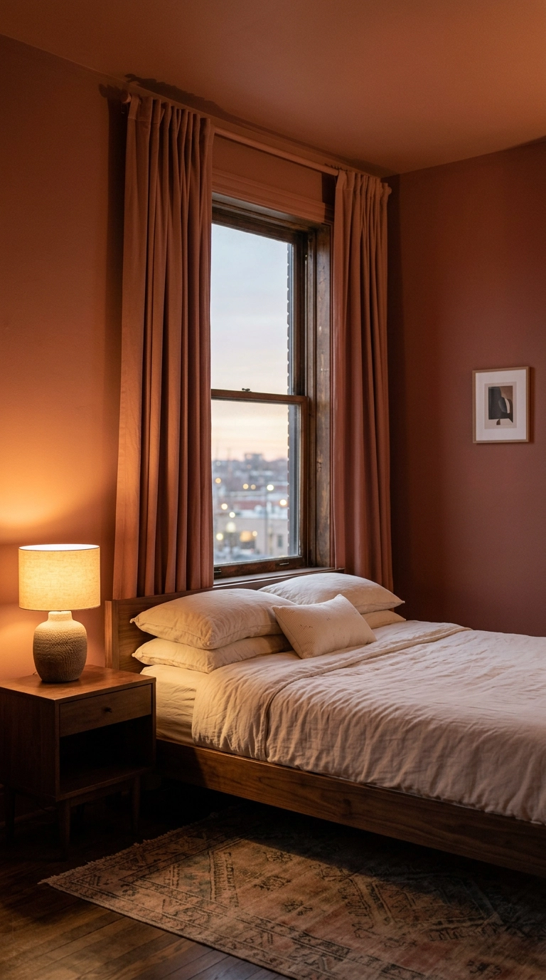 Bedroom curtains painted-match to clay terracotta walls in a color-drenched room