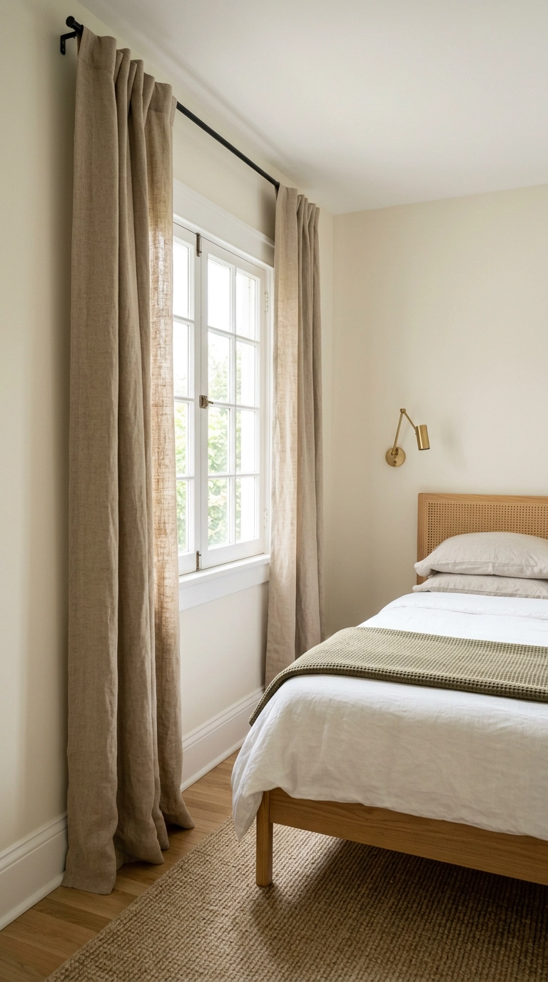 Washed linen bedroom curtains in warm sand falling to the floor with a soft break