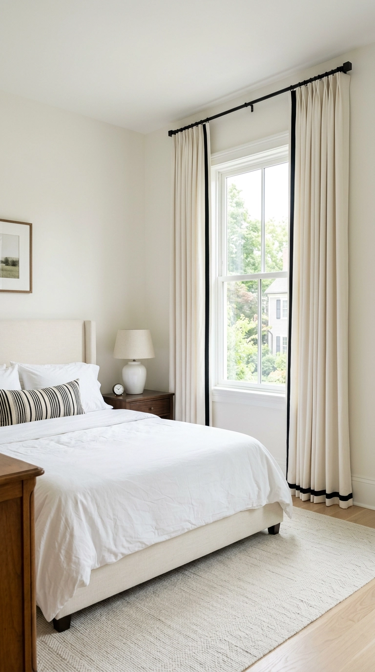 Ivory bedroom curtains with a narrow black trim band on the leading edge and hem