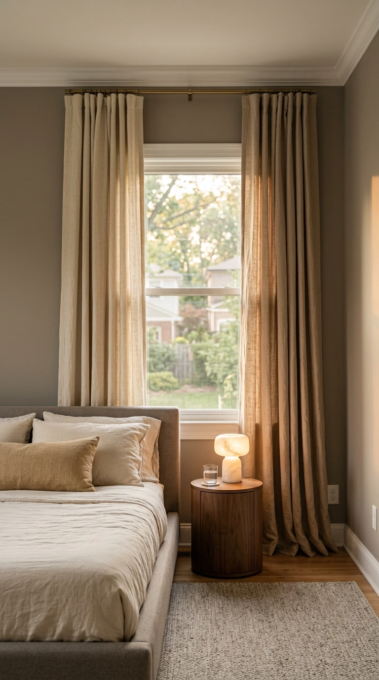 Two bedroom curtain panels in pale wheat and toasted almond hung side by side