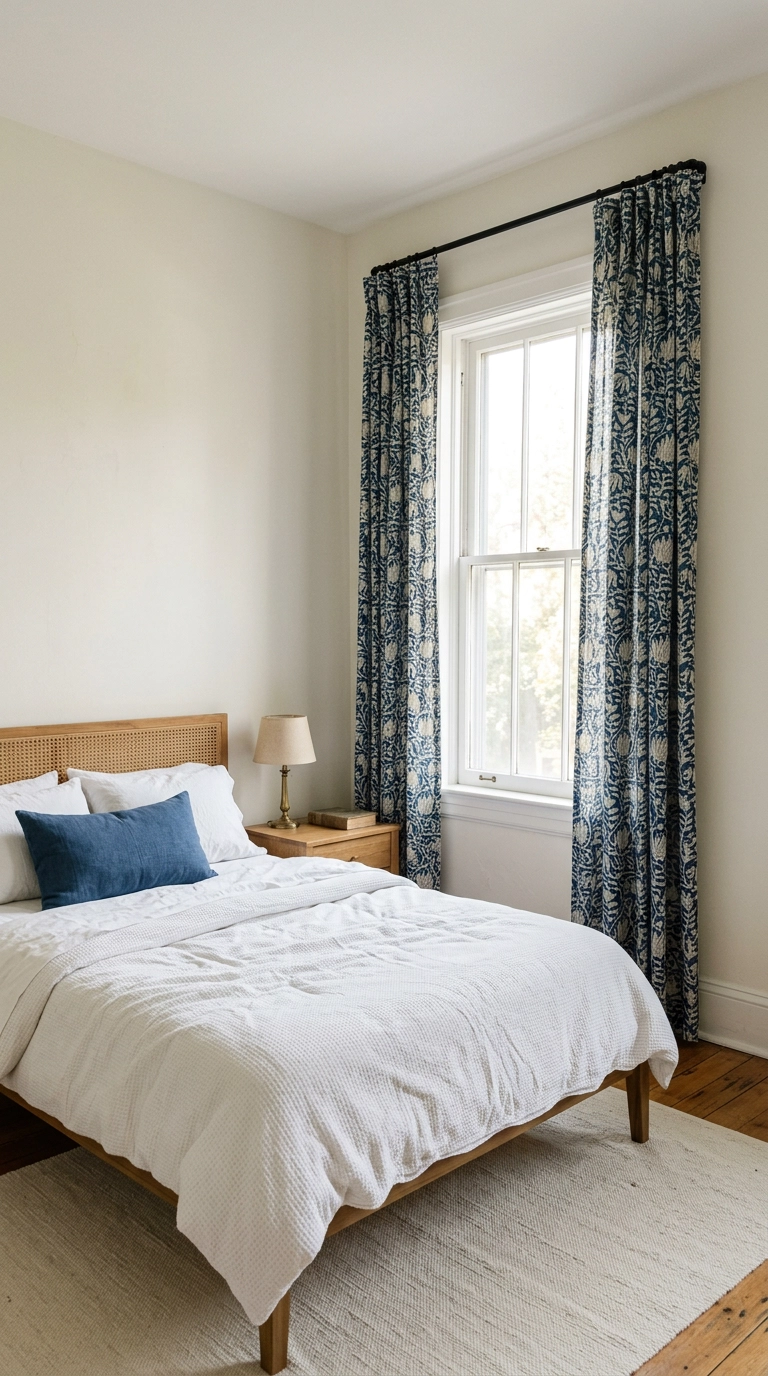 Indigo and cream block-print bedroom curtains as the only pattern in a neutral room