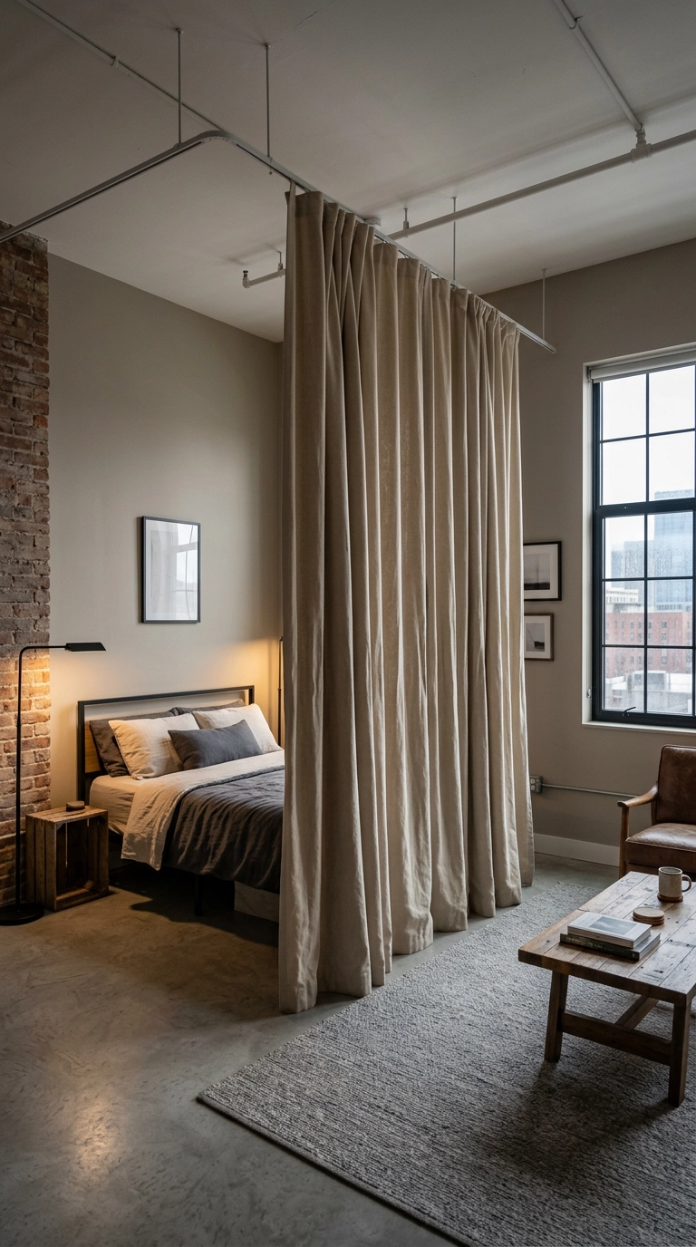 Canvas curtain on a ceiling track dividing a studio sleeping nook from the living area