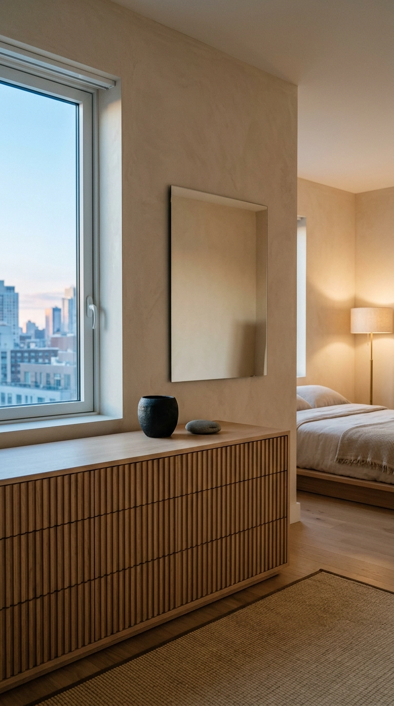 Fluted white oak dresser with a frameless polished-edge mirror in a Japandi bedroom