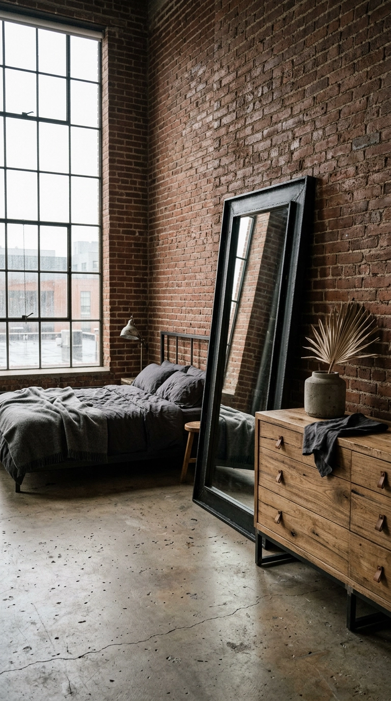 Black steel framed mirror leaning against an exposed brick wall above a reclaimed elm dresser