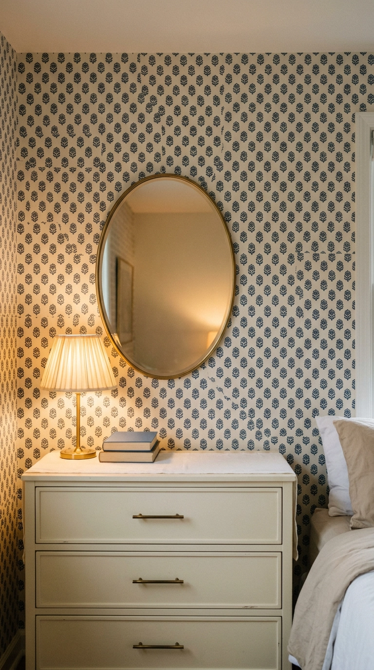 Indigo block print removable wallpaper behind a white lacquered dresser with an oval brass mirror