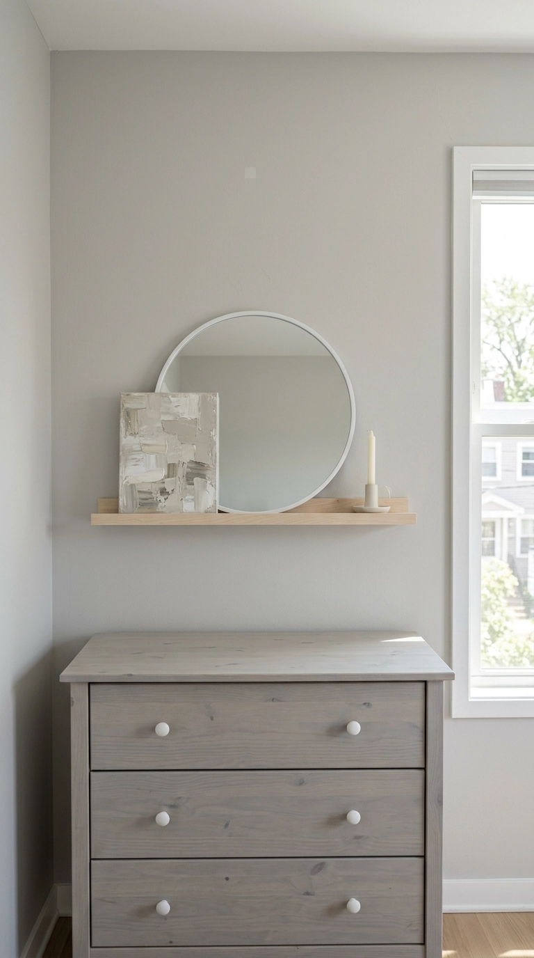 Round white mirror leaning on a birch picture ledge above a grey-washed dresser