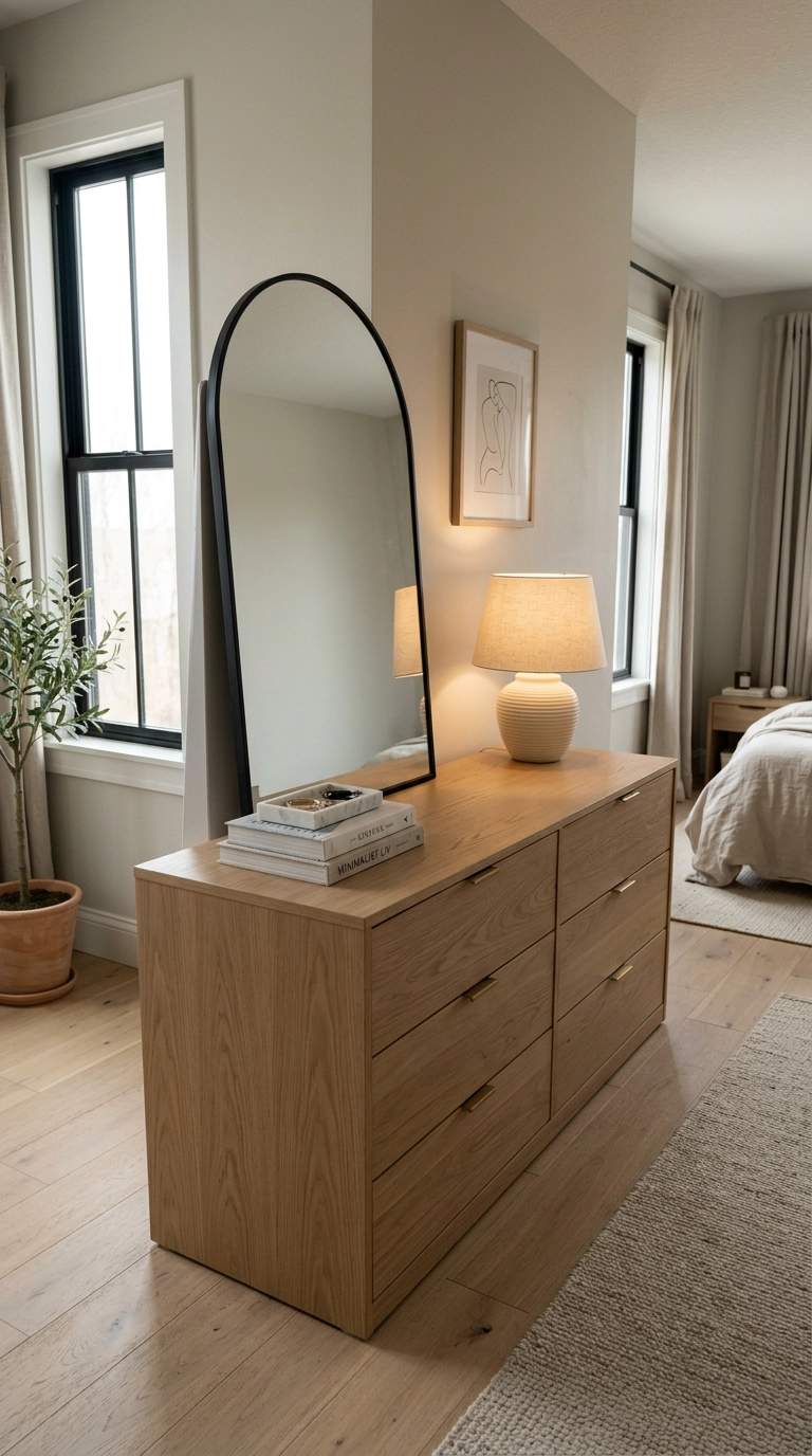 White oak bedroom dresser with a tall arched black-framed mirror leaning against a greige wall
