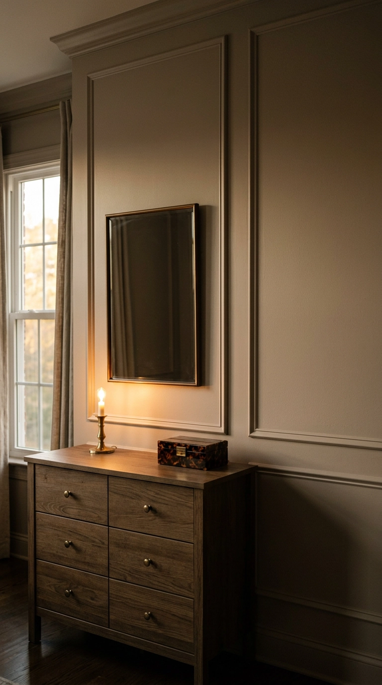 Taupe picture-frame molding wall panels behind an oak dresser with a bronze framed mirror