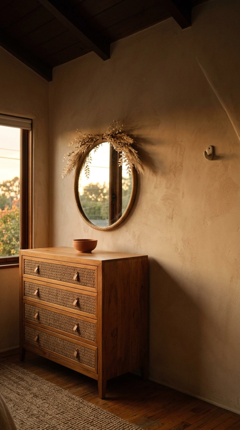 Round jute-wrapped mirror draped with dried botanical stems above a seagrass front dresser
