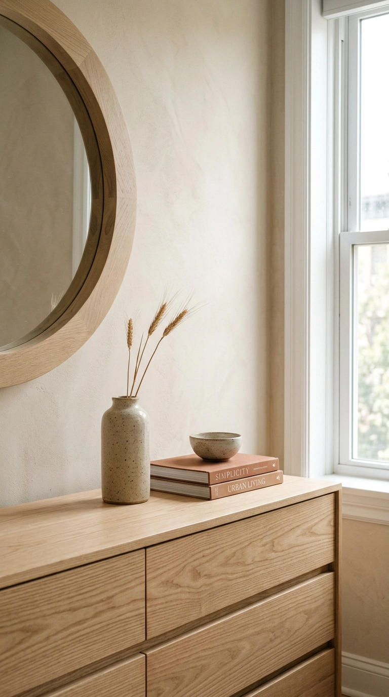Round oak mirror above an ash dresser styled with a tall vase on one side and stacked books on the other