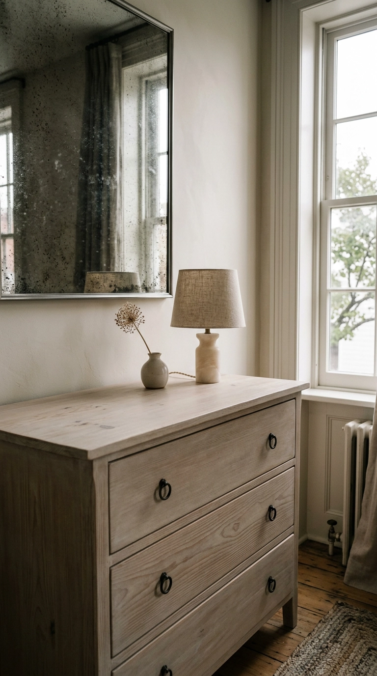 Antiqued foxed glass mirror in a pewter frame above a pale putty limewashed pine dresser