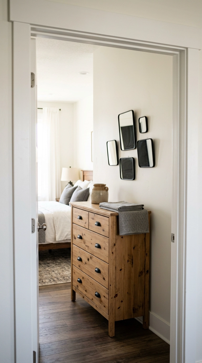Cluster of five small black framed mirrors above a knotty pine farmhouse dresser