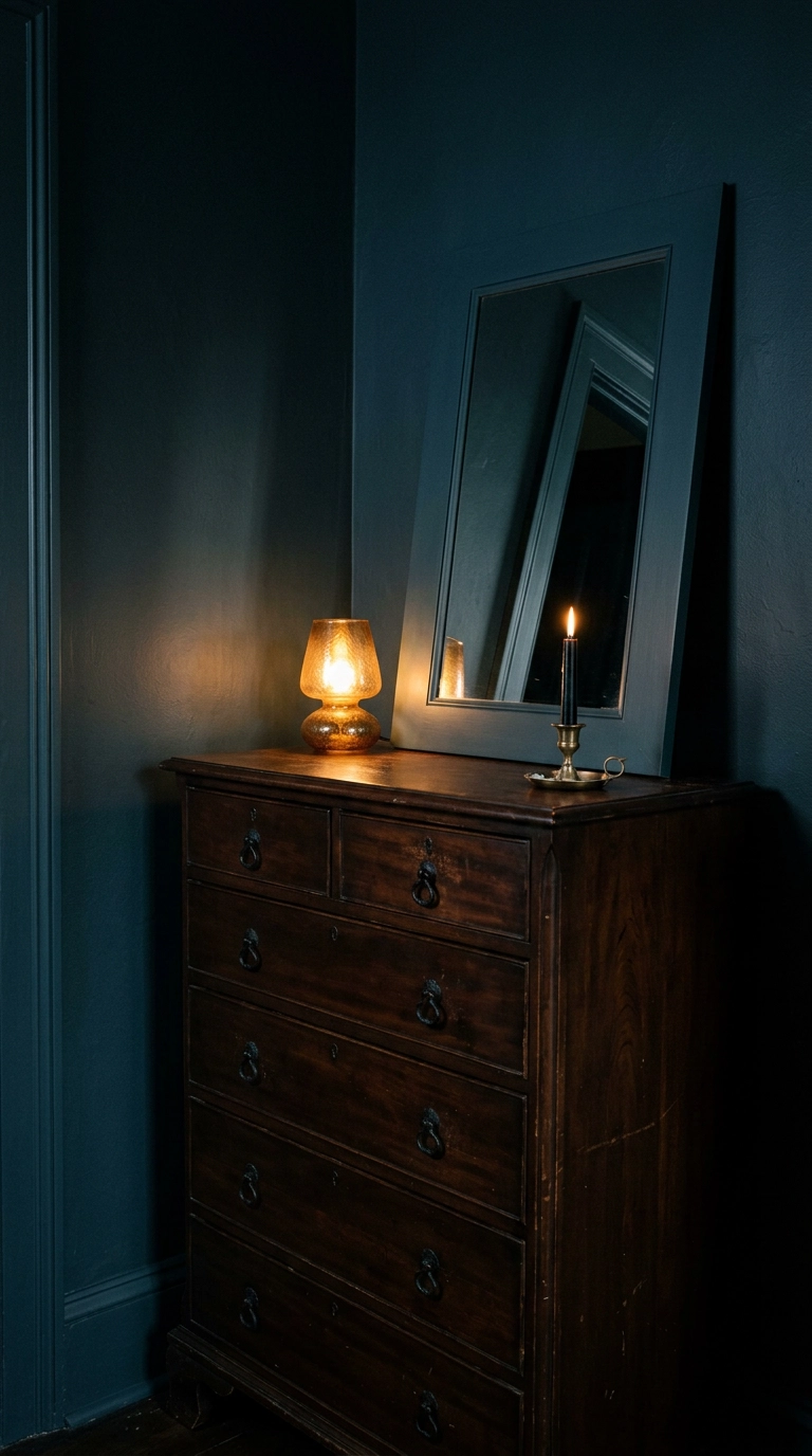 Dark blue-green color drenched bedroom wall with a matching painted mirror above a mahogany dresser