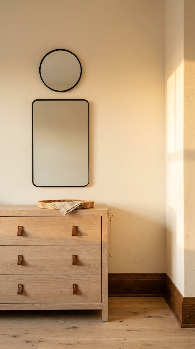 Two black framed mirrors stacked vertically above a bleached oak bedroom dresser