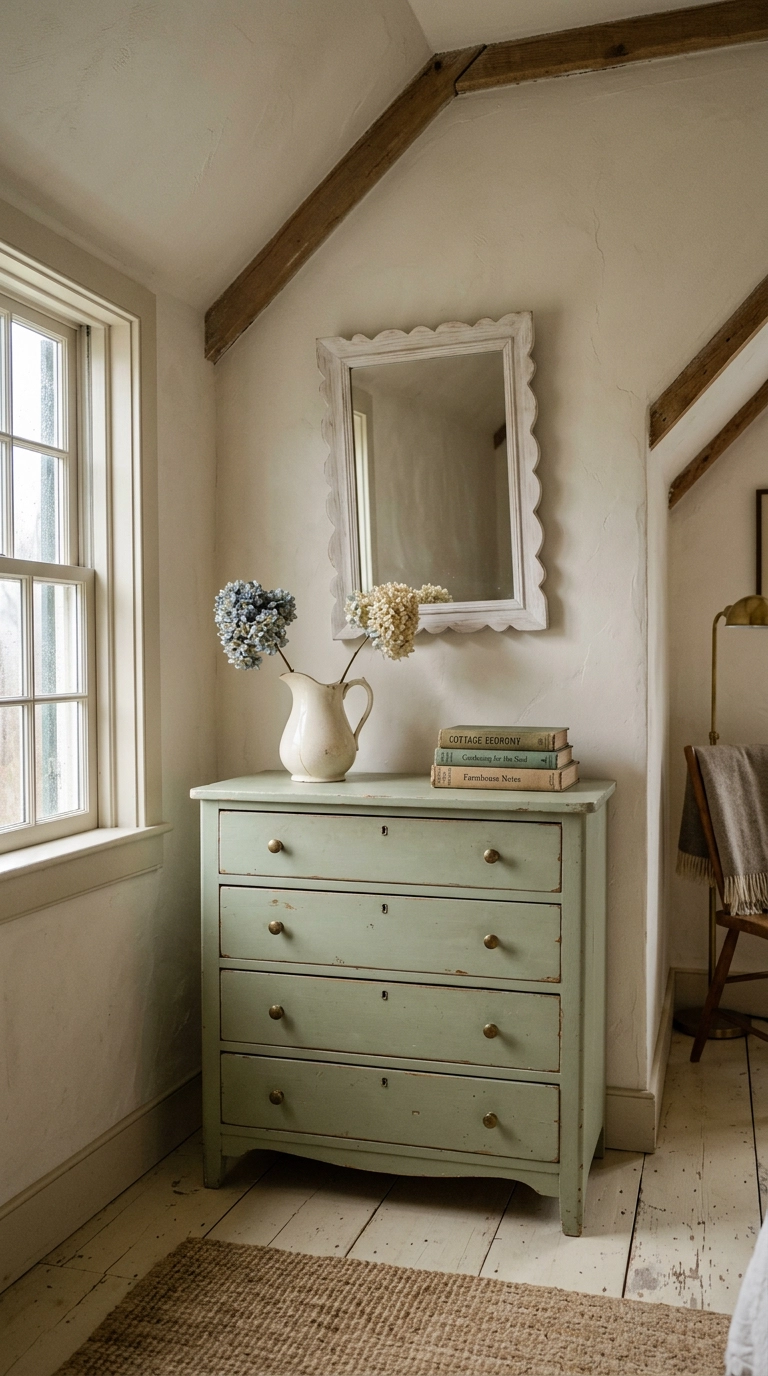 Sage green painted cottage dresser with a scalloped whitewashed mirror and an ironstone pitcher