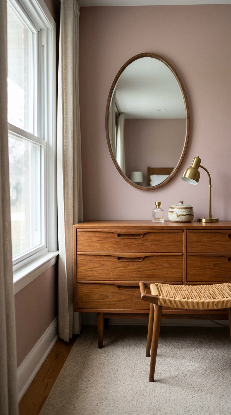 Teak mid-century dresser used as a vanity with an oval mirror and a cane stool tucked underneath