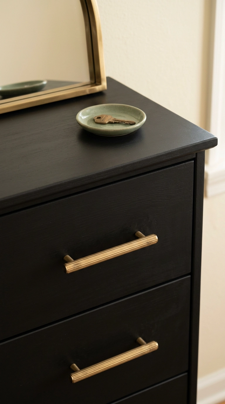 Fluted unlacquered brass drawer pulls on a matte black dresser beside a cropped brass mirror frame