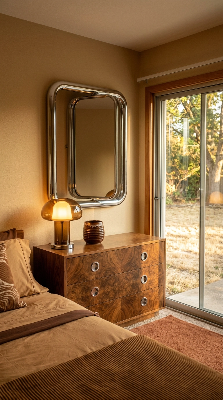 Burl wood dresser with a chunky chrome mirror and an amber glass mushroom lamp