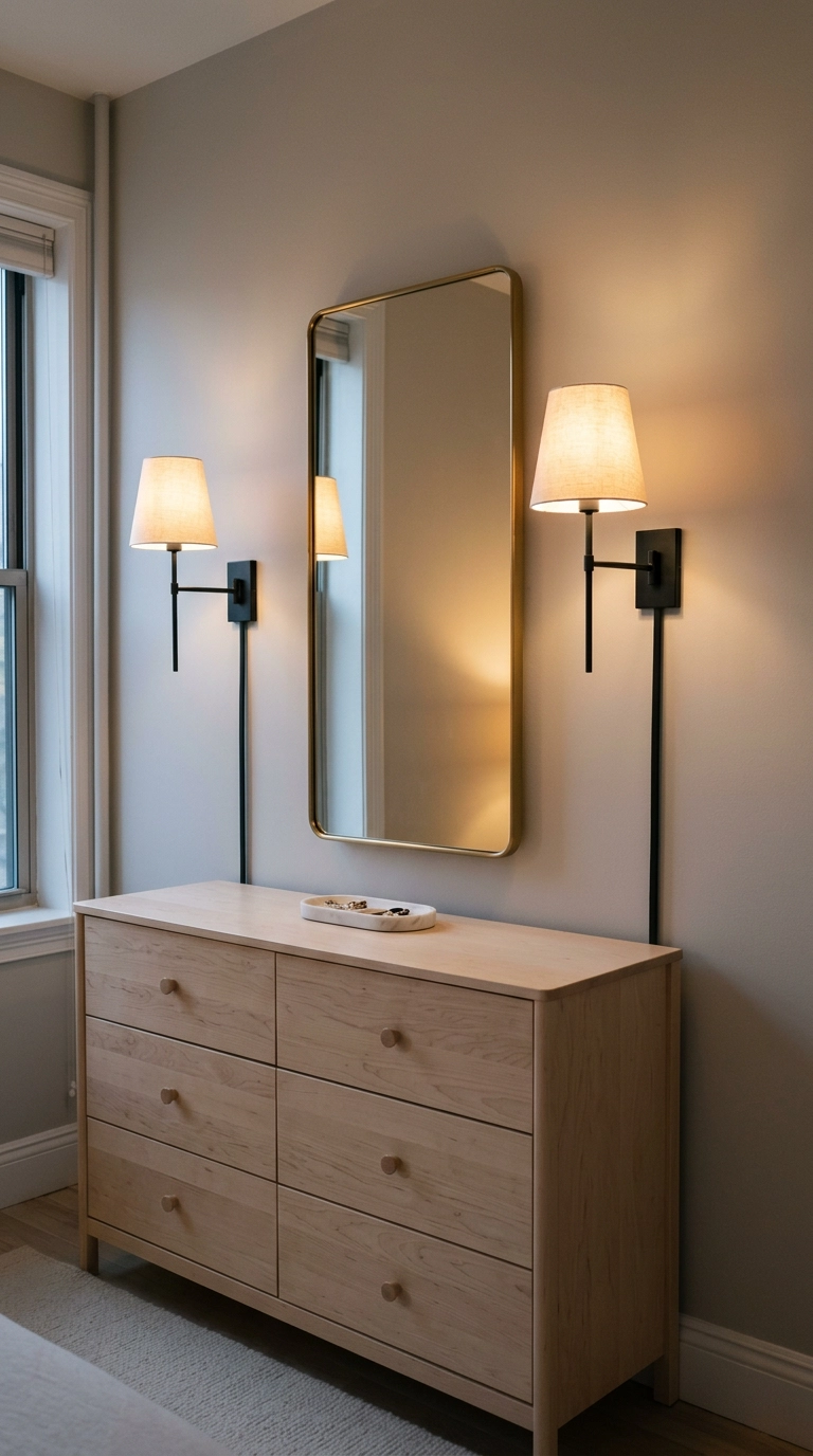 Plug-in black swing arm sconces flanking a brass mirror above a pale birch dresser