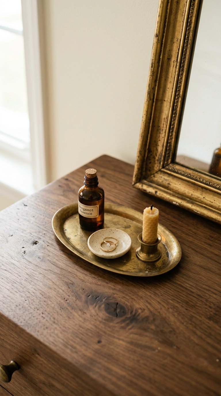Brass tray on a walnut dresser holding three small objects beside a cropped gilt mirror frame