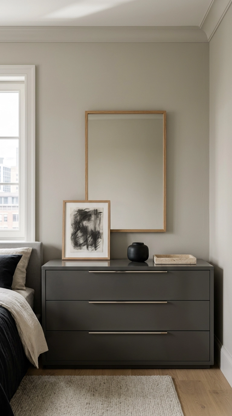 Framed abstract art leaning against and overlapping an oak mirror above a charcoal dresser