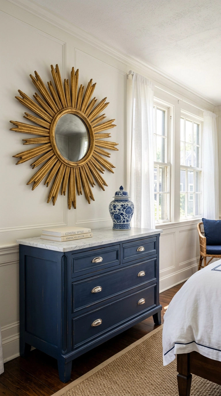 Gold sunburst mirror above a navy dresser with a honed marble top and a ginger jar