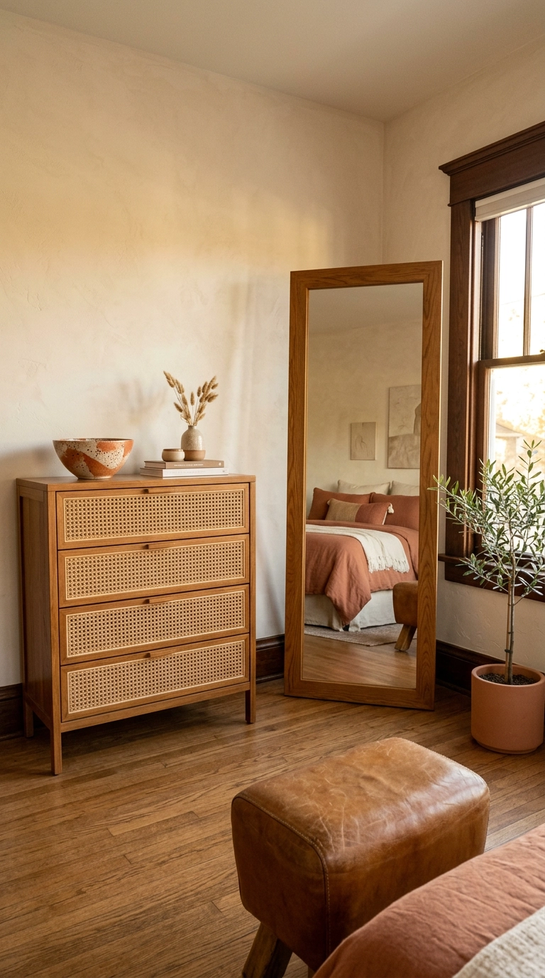Full-length oak floor mirror angled beside a rattan and cane bedroom dresser