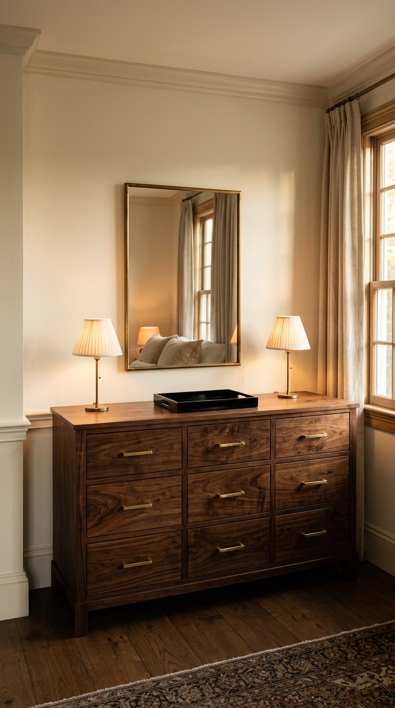 Walnut dresser with brass framed mirror and two matching ivory lamps in a symmetrical arrangement