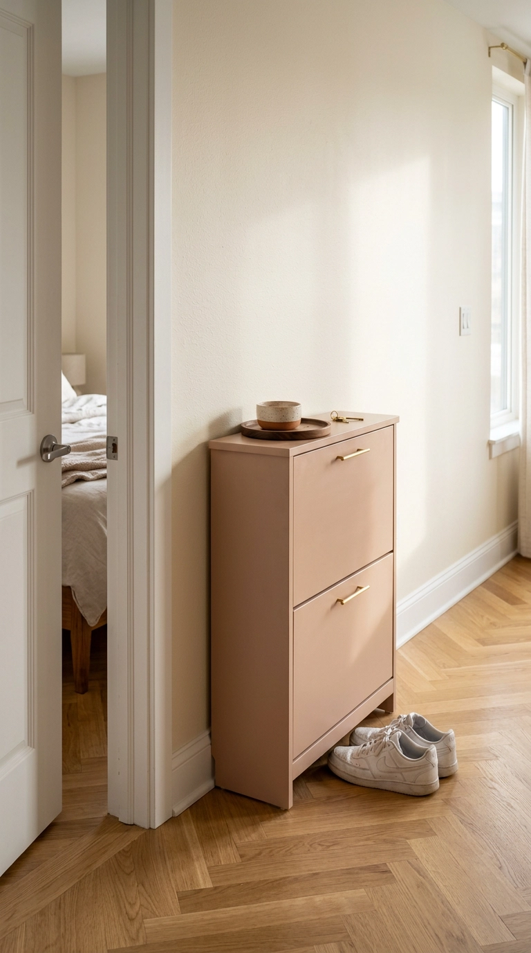 Slim clay-pink tilt-out shoe cabinet beside a bedroom entryway door