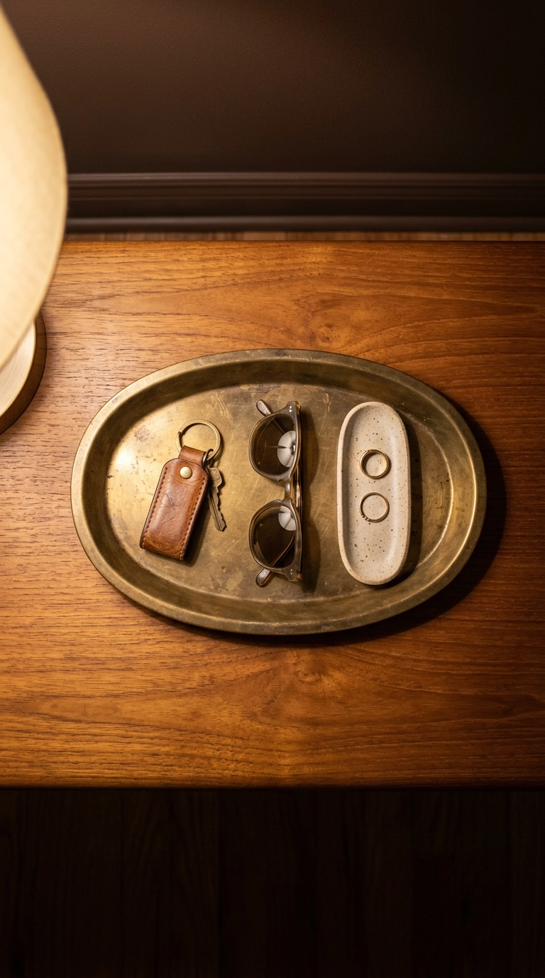 Brass catch-all tray with keys and sunglasses on a bedroom entryway table