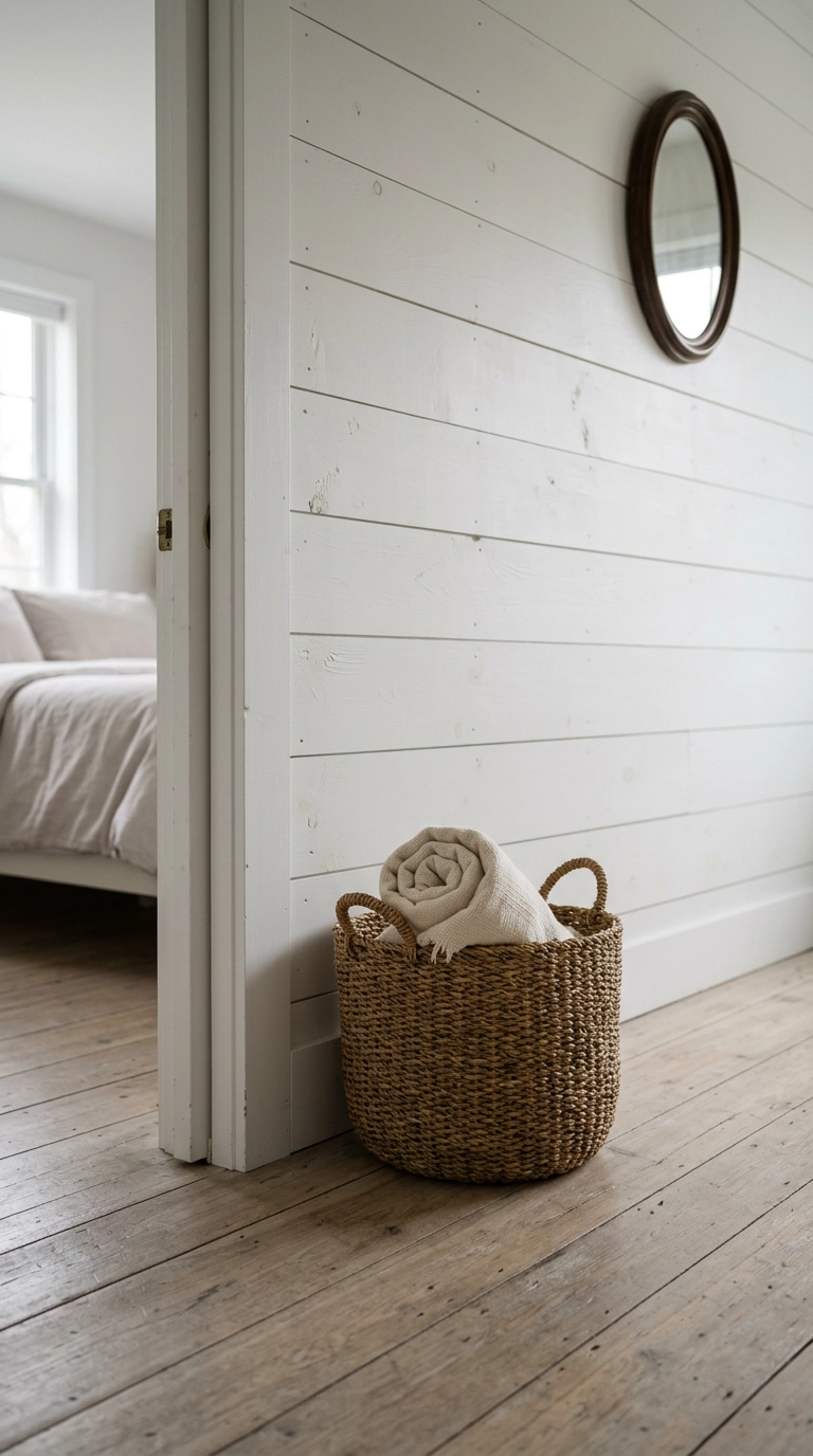 Large woven seagrass basket beside a bedroom door holding a rolled blanket