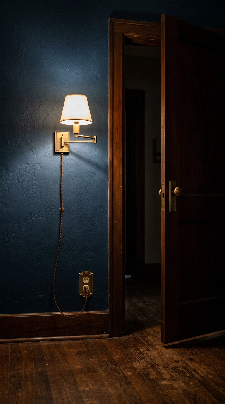 Plug-in brass swing-arm sconce lighting a dark bedroom entryway wall at night