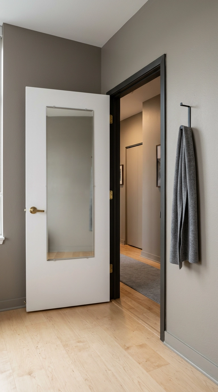 Full-length mirror mounted on the back of an open bedroom door