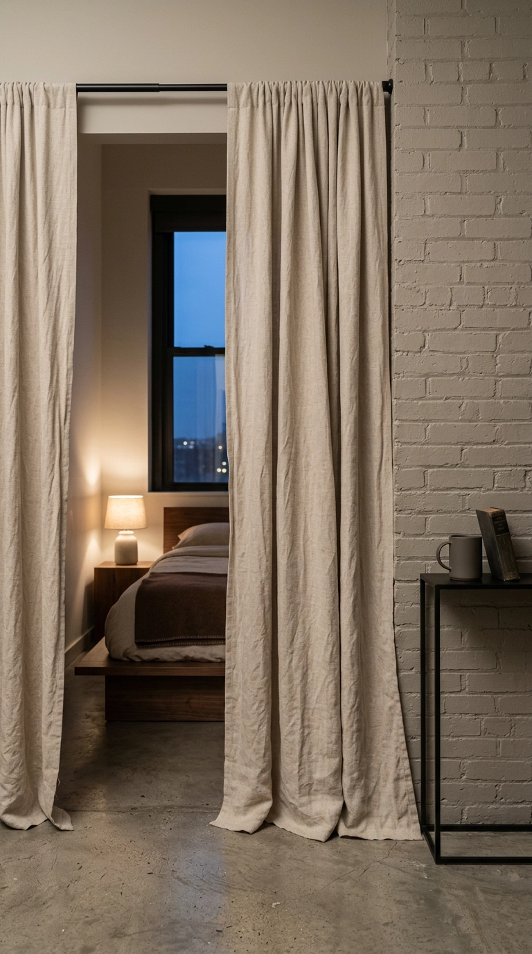Linen curtain on a tension rod dividing a studio apartment bedroom entryway